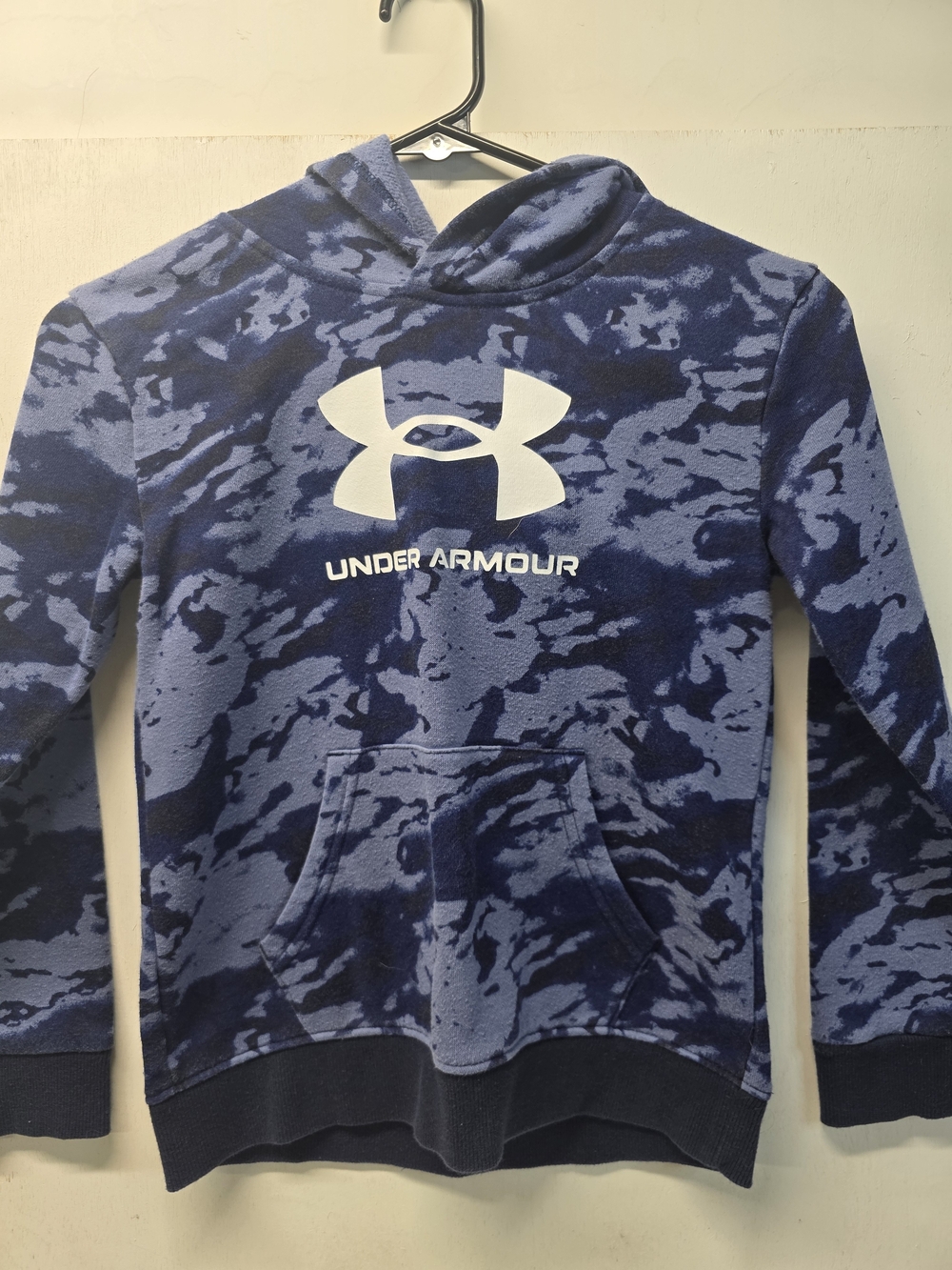 Under Armour Boys Size 7 Hoodie Blue Navy Camo Logo Pullover Sweatshirt